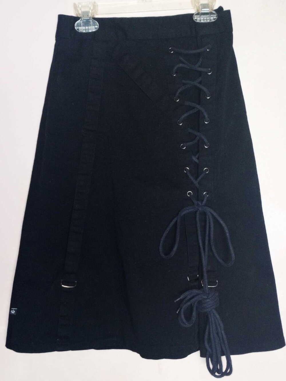 Vintage ILLIG Y2K Black Canvas Knee Length Skirt RARE Assymetrical Lace Up M